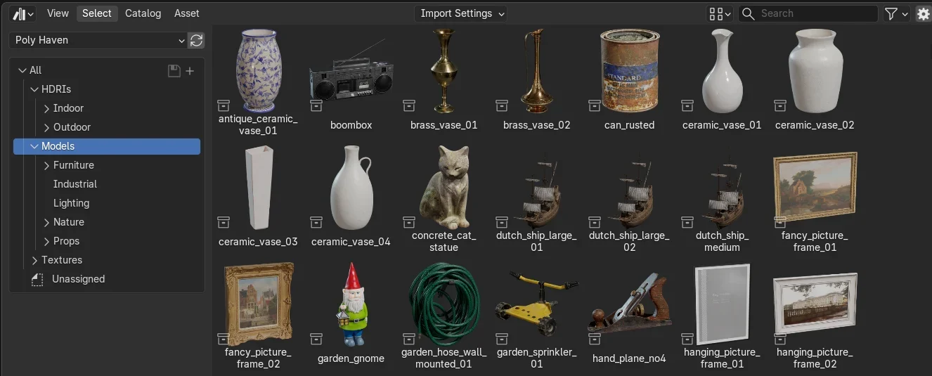 Blender Asset Browser interface showing organized 3D model library with categories and tag