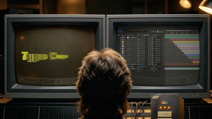 A retro monitor setup showing Type Chopper alongside an After Effects composition.