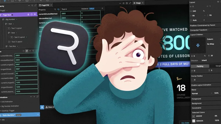 Rive logo over the editor’s data-binding interface with an illustrated character.