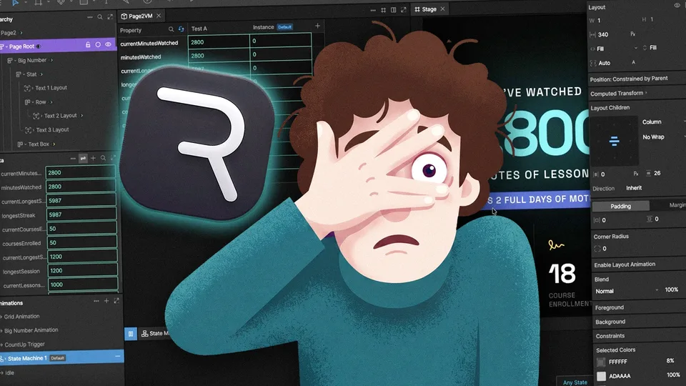 Rive logo over the editor’s data-binding interface with an illustrated character.