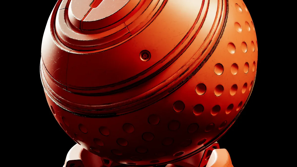 Close-up of a red retro robot with visible scratches and worn metal edges.