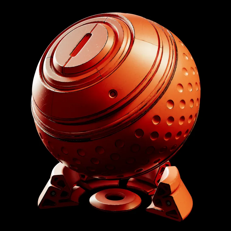 Close-up of a red retro robot with visible scratches and worn metal edges.