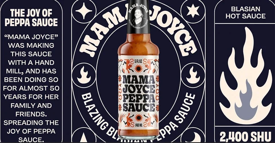 Mama Joyce Peppa Sauce website with playful animated text and floating product