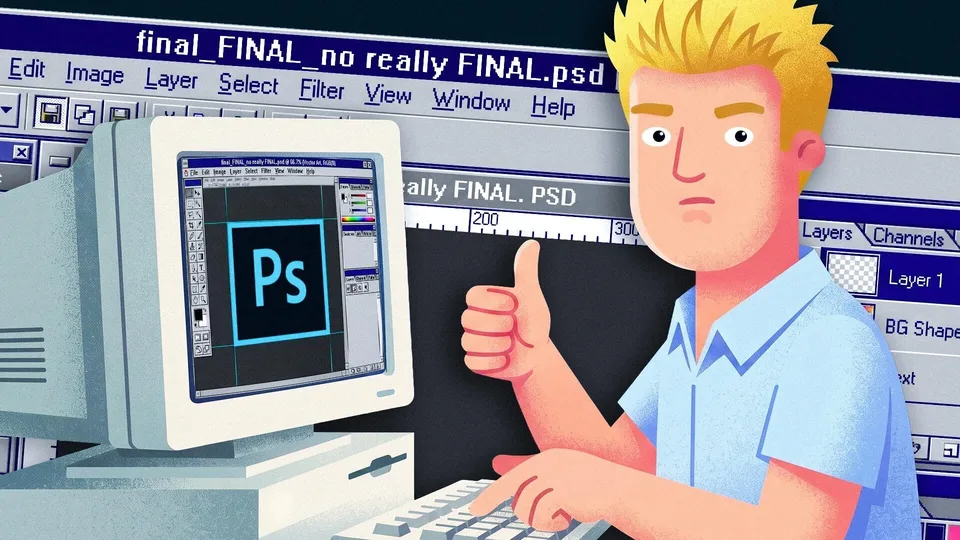 Designer giving a thumbs-up beside a Photoshop screen, with repeated final PSD filenames in the background.