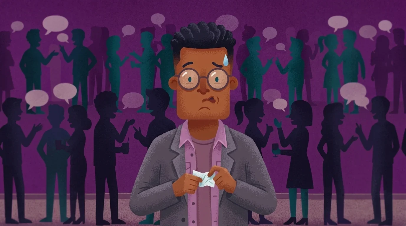 An anxious freelancer surrounded by conversation bubbles at a networking event