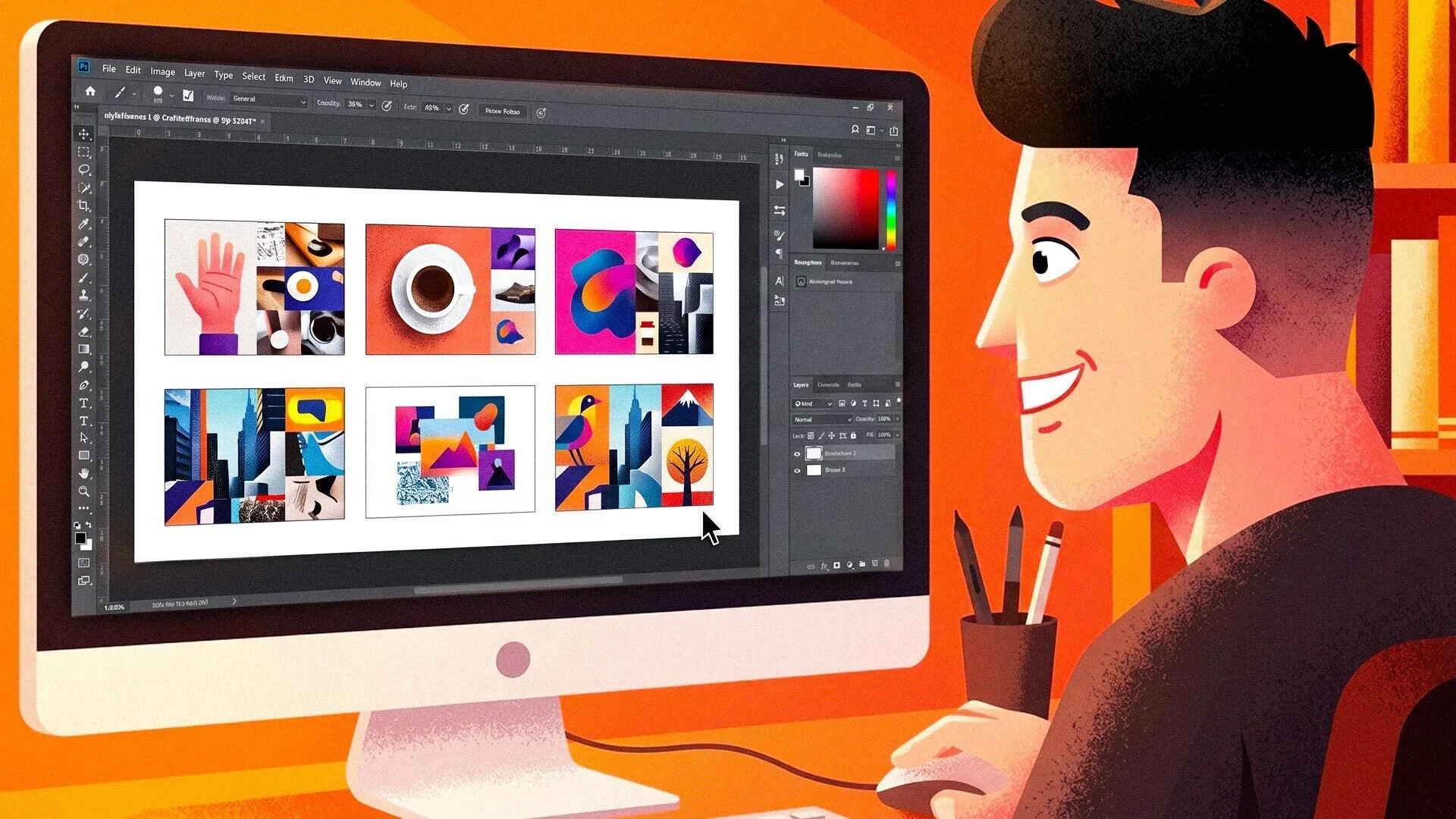 Designer arranging colorful collage styleframes on a desktop monitor.