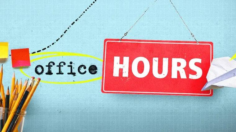 Office hours illustration with pencils and a red Office Hours sign