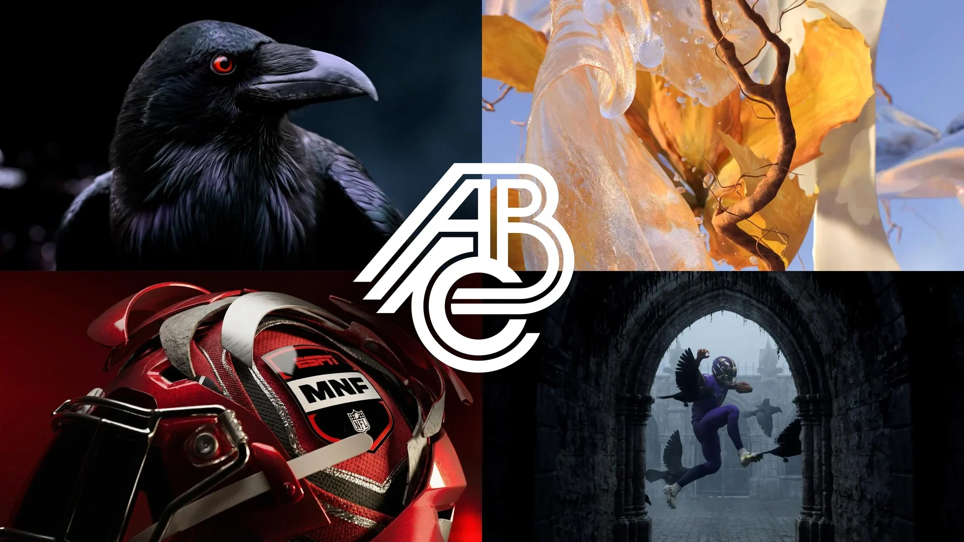 Four-panel Already Been Chewed artwork featuring a raven, abstract sculptural imagery, an ESPN Monday Night Football helmet, and a Ravens player, with a centered white ABC logo.