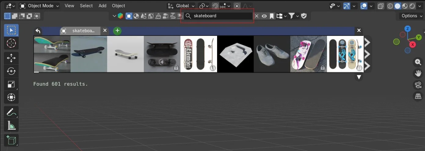 BlenderKit extension interface showing the integrated search and drag-and-drop UI directly within the Blender viewport.
