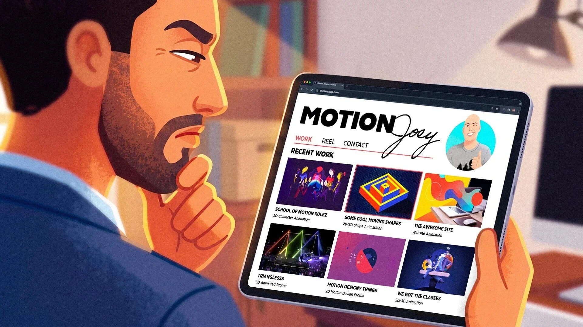 Illustrated motion designer reviewing a portfolio website on a tablet
