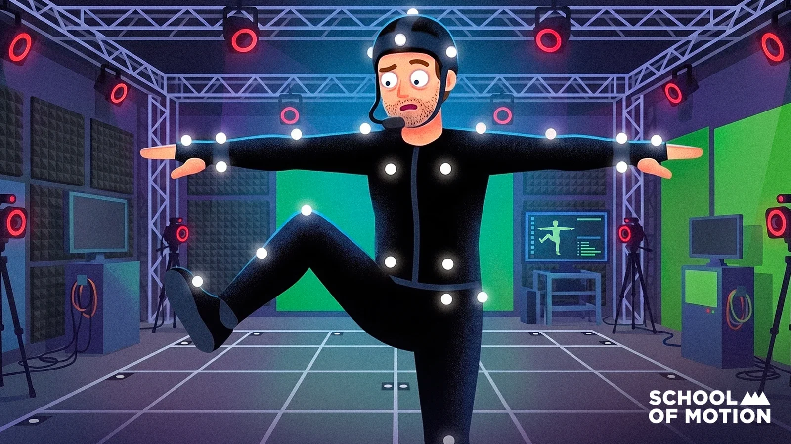 Motion-capture performer in a tracking studio with a green screen