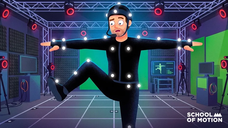 Motion-capture performer in a tracking studio with a green screen