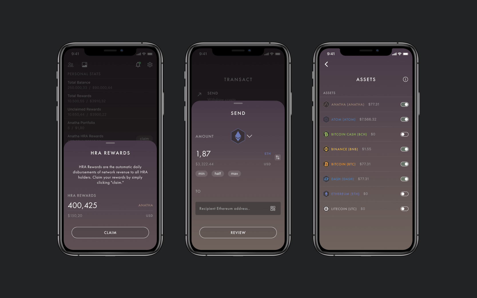 Left and middle: transacting is isolated in drawers. Right: users can opt-out irrelevant information and keep things focused.