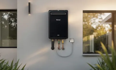 Rinnai gas continuous flow hot water unit in black.
