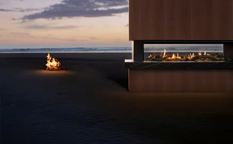 Rinnai LS Series double-sided gas fireplace in situ.