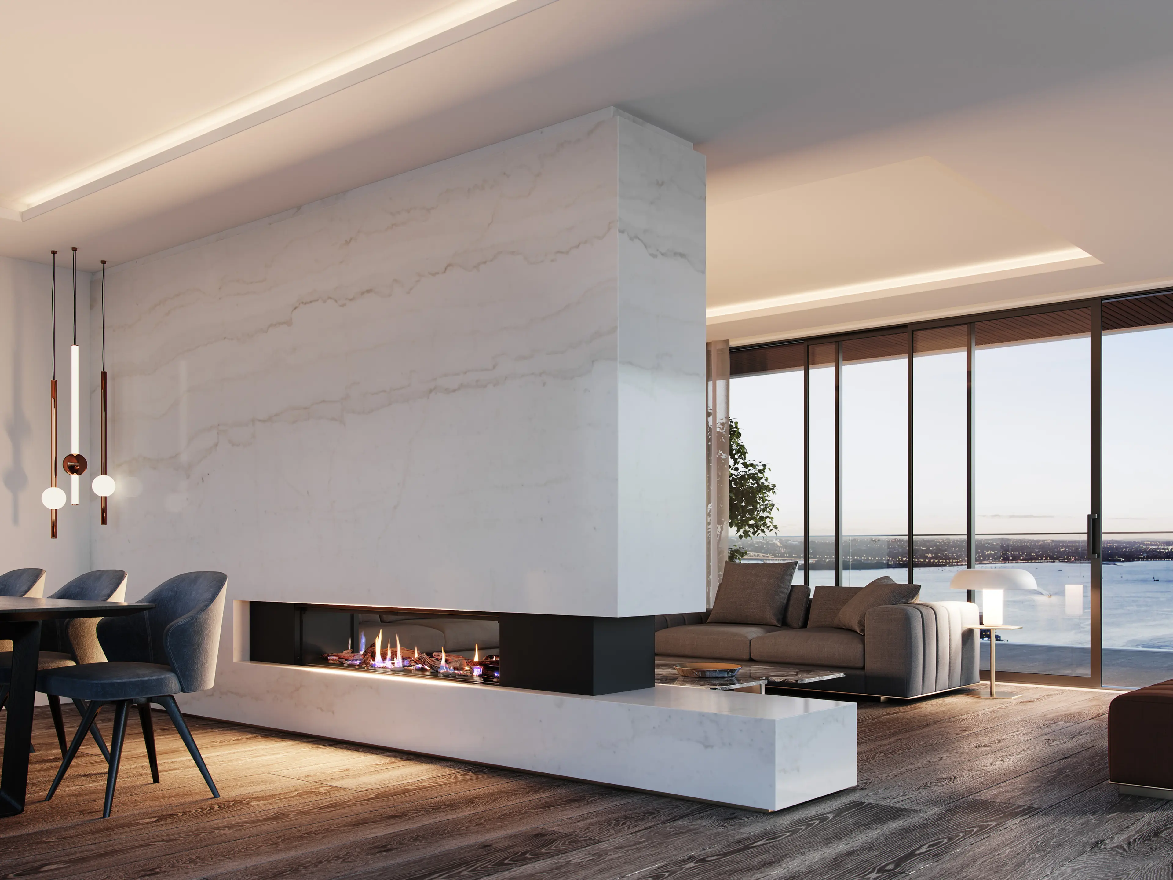 Contemporary Rinnai fireplace in an Australian living room