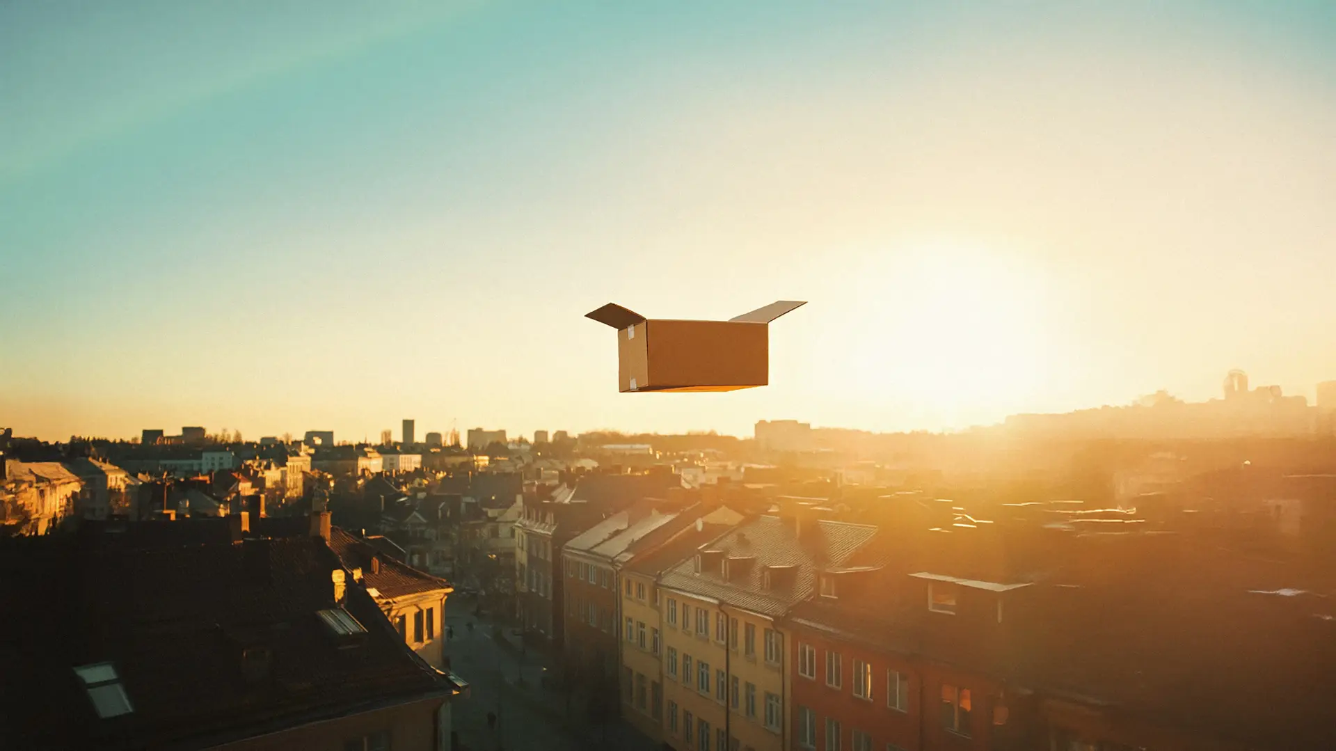 Paketfågel flyger över stadsmiljö i solnedgång. 