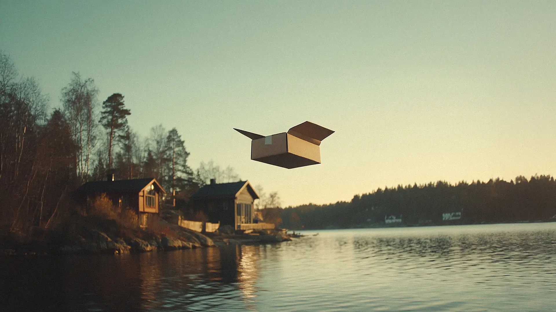Paketfågel som flyger över vatten och landskap. 