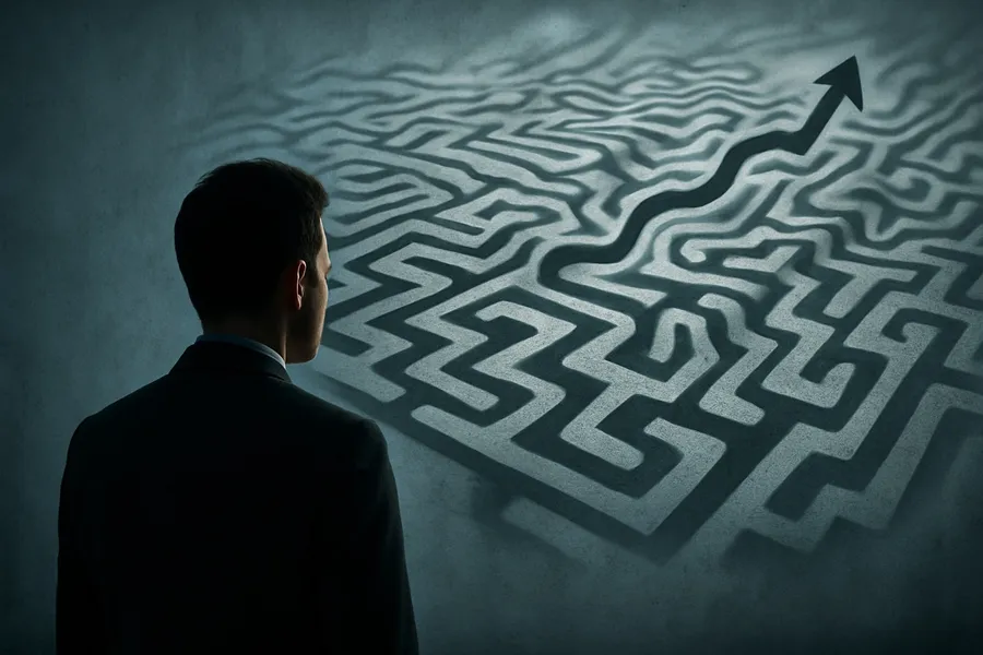 Face au labyrinthe, une flèche trace le chemin