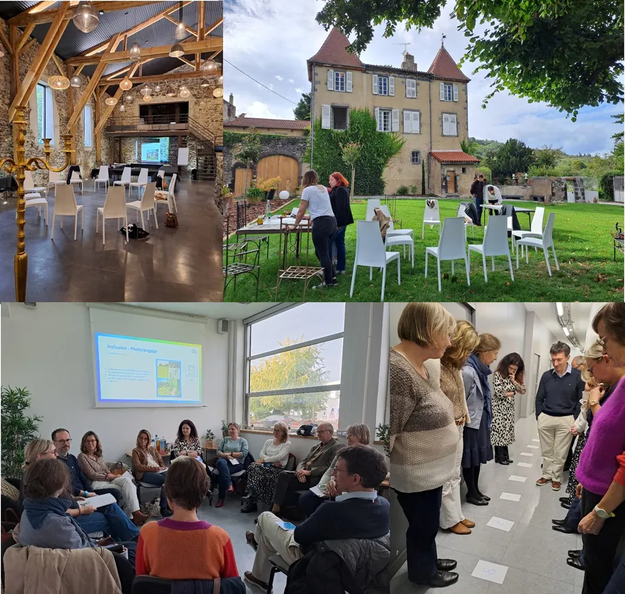 Montage d'un séminaire d'équipe : ateliers en cercle, activités en extérieur, discussions de groupe.