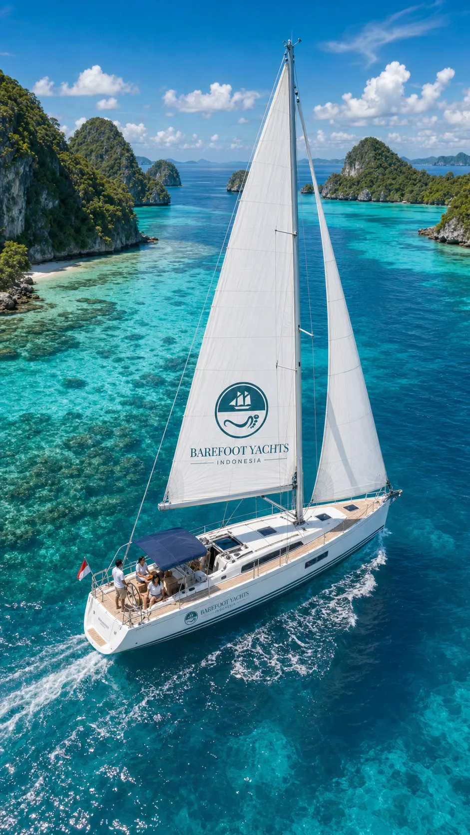 Barefoot Yachts Indonesia website and rebrand showcasing private yacht charters, Indonesian island destinations, and a curated sailing experience across desktop and mobile.
