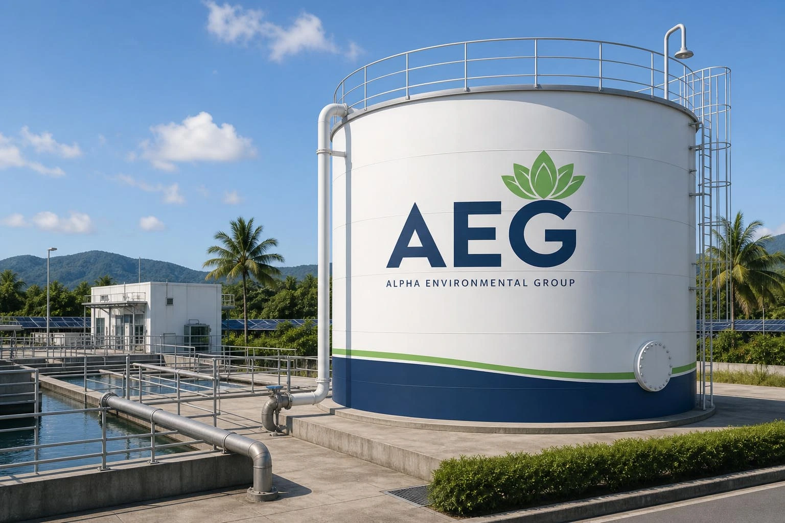 Alpha Environmental Group visual identity applied across corporate brand materials for sustainable water, waste, and power infrastructure.