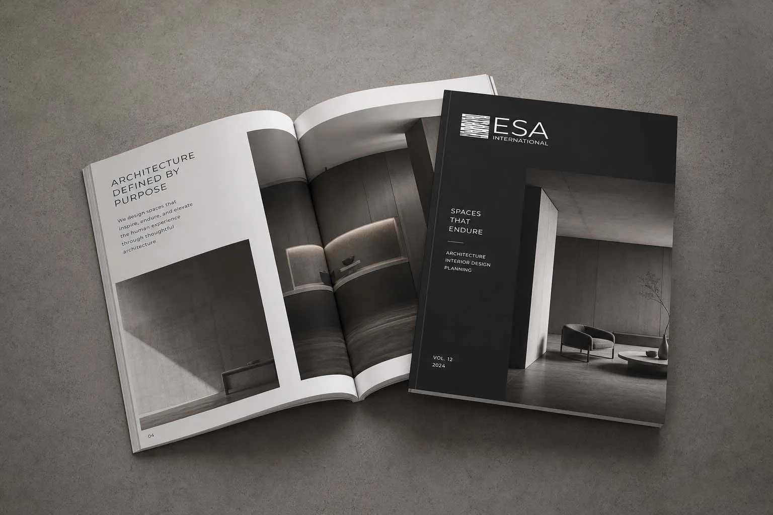 ESA International architecture portfolio website displayed across desktop and mobile, showcasing hospitality, residential, commercial, and interior projects.