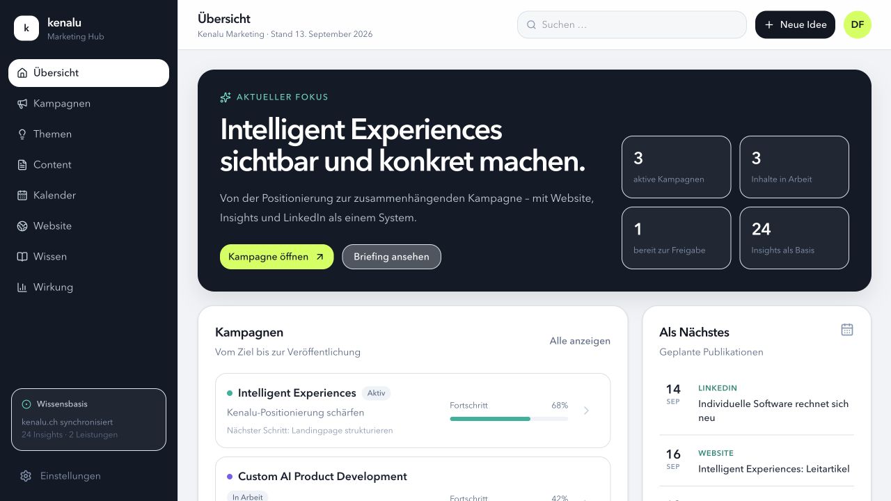 Marketing Hub mit Kampagnen und Beispielständen
