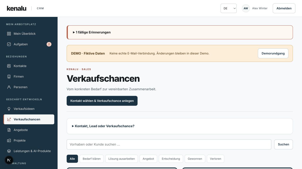 CRM-Verkaufschancen mit fiktiven Daten