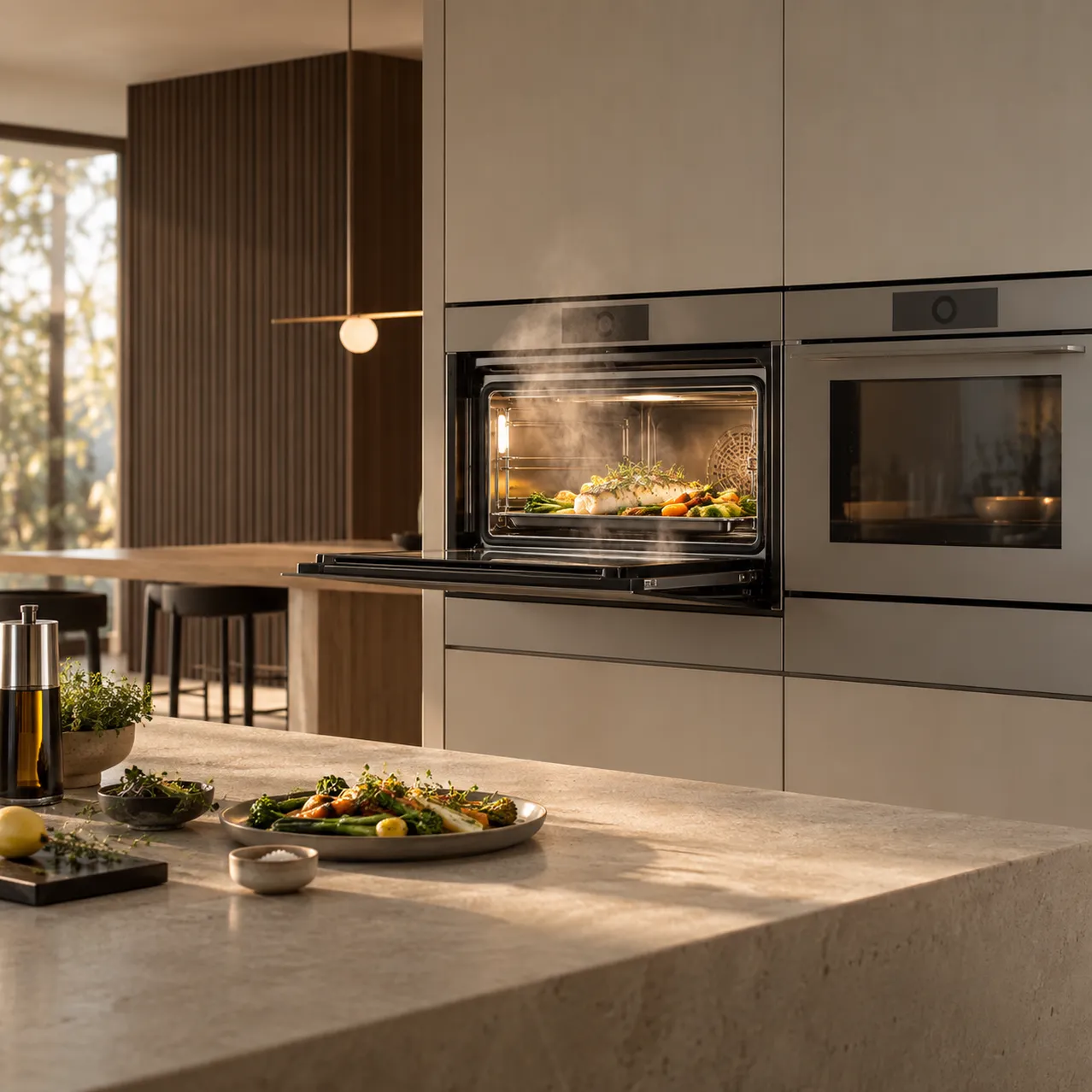 Warme designkeuken met stomende ove