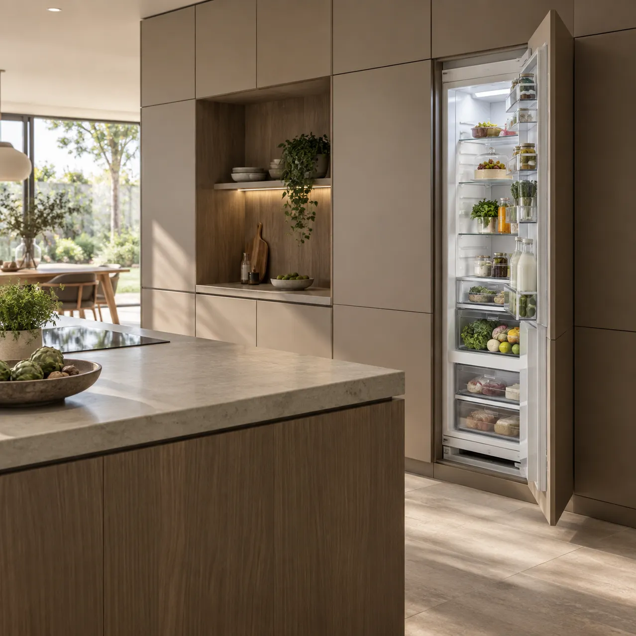 Scandinavische keuken met open koelkast