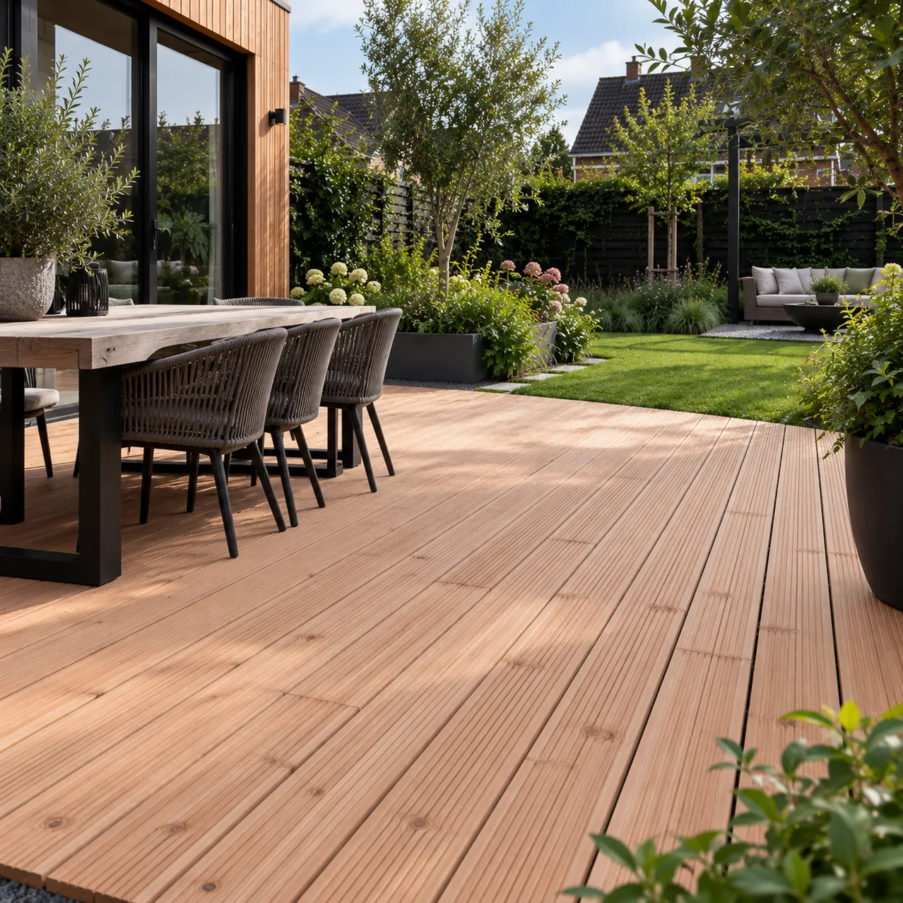 Moderne houten tuin met terrasleven