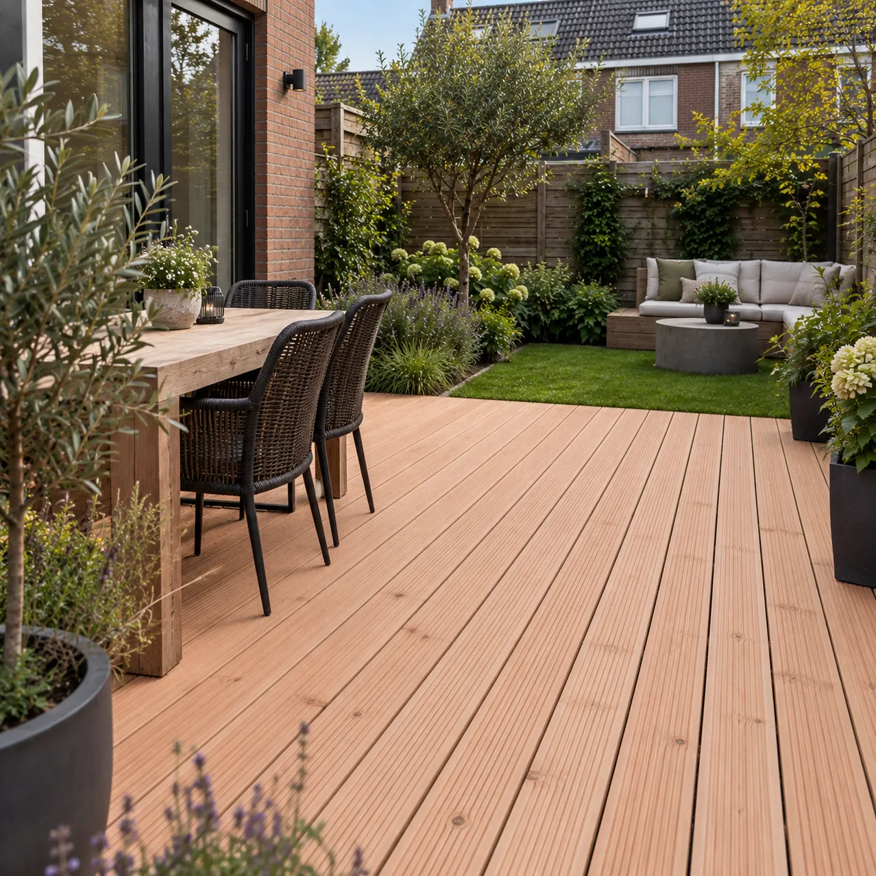 Gezellige nederlandse stadstuin met houten terras