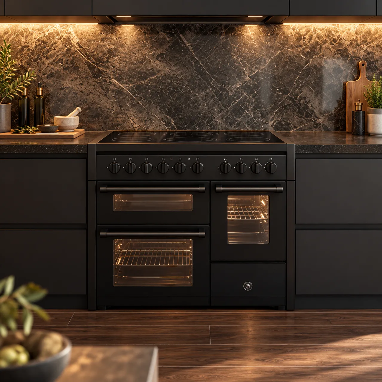 Steel keuken met zwarte dubbele oven