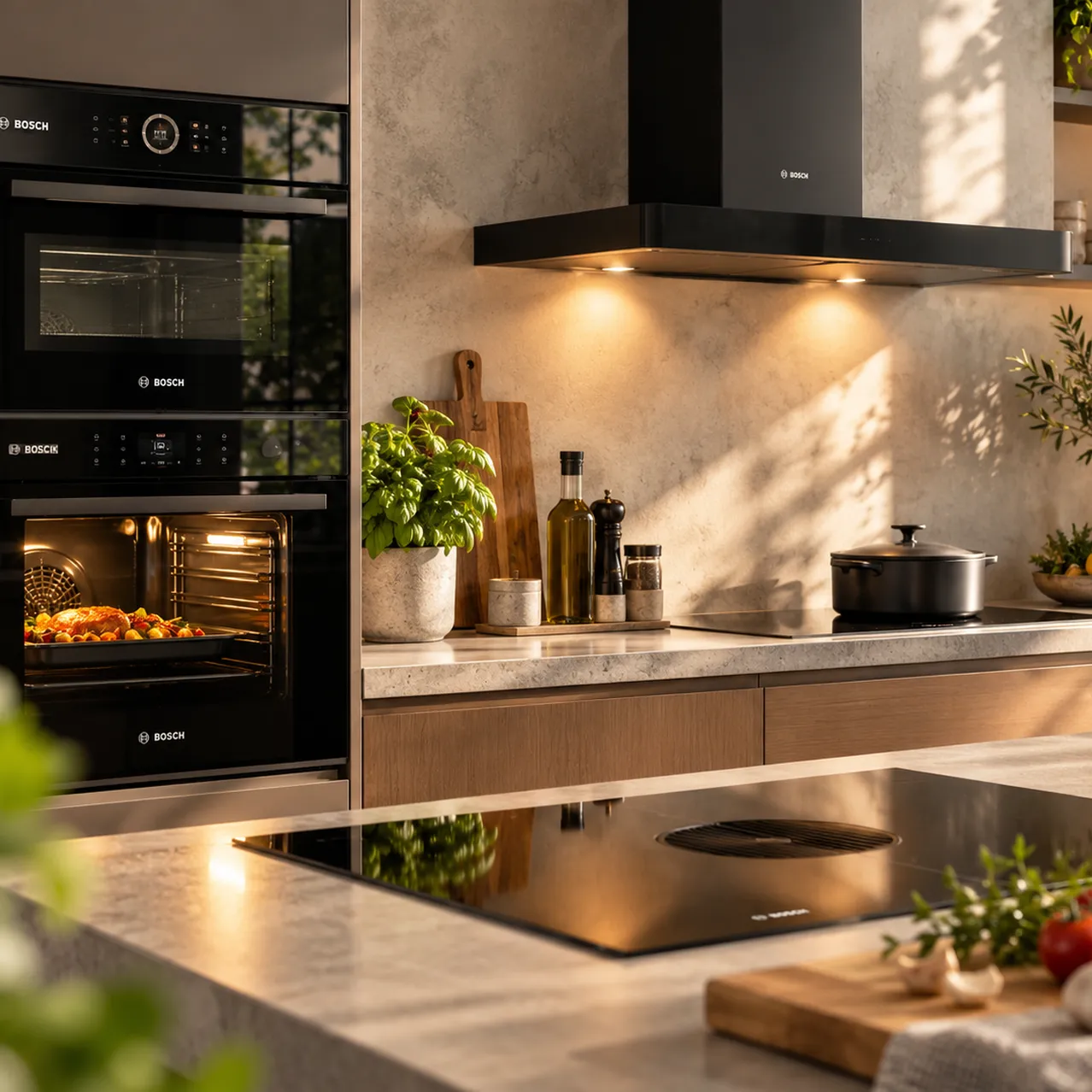 Warme bosch keuken met kookeiland