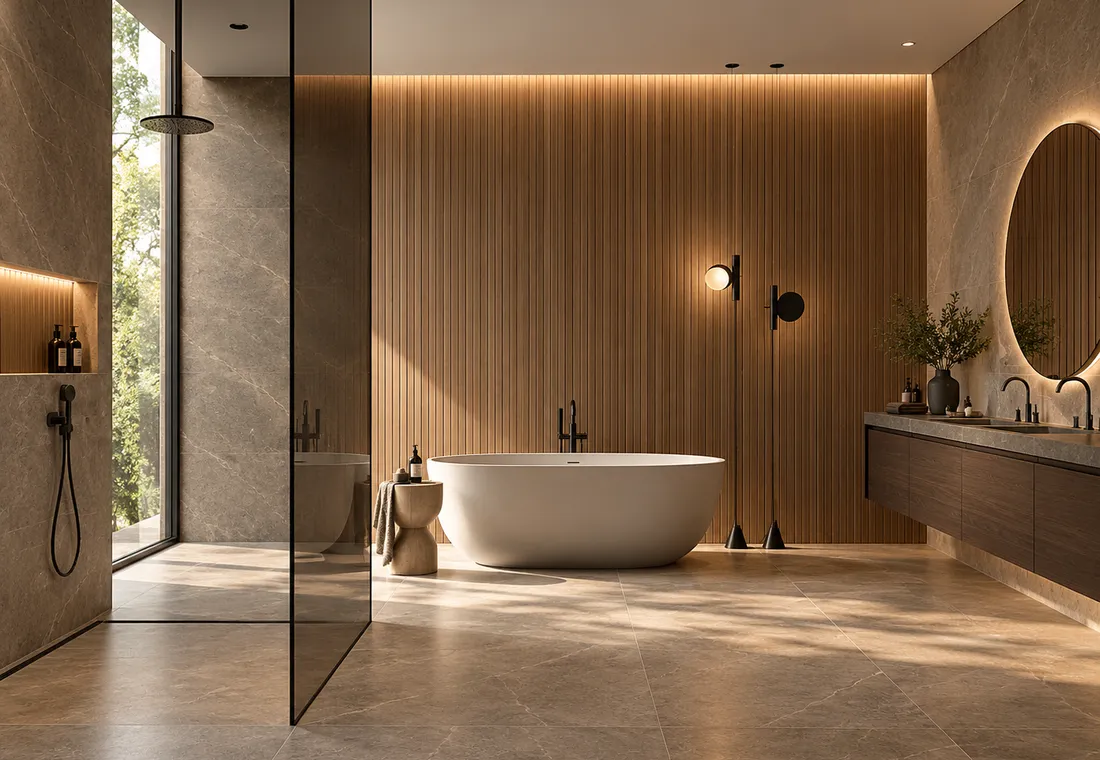 Warme luxe badkamer met vrijstaand bad