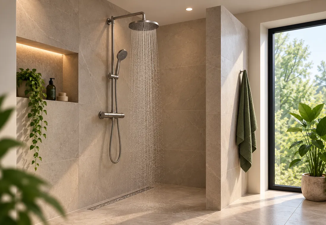 Warme beige walk in regendouche met lineaire afvoer