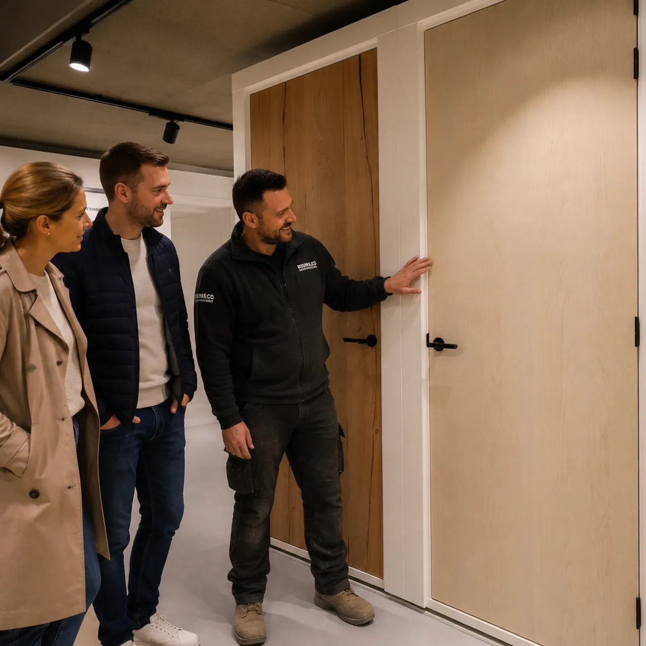 aannemer met klanten in de showroom select