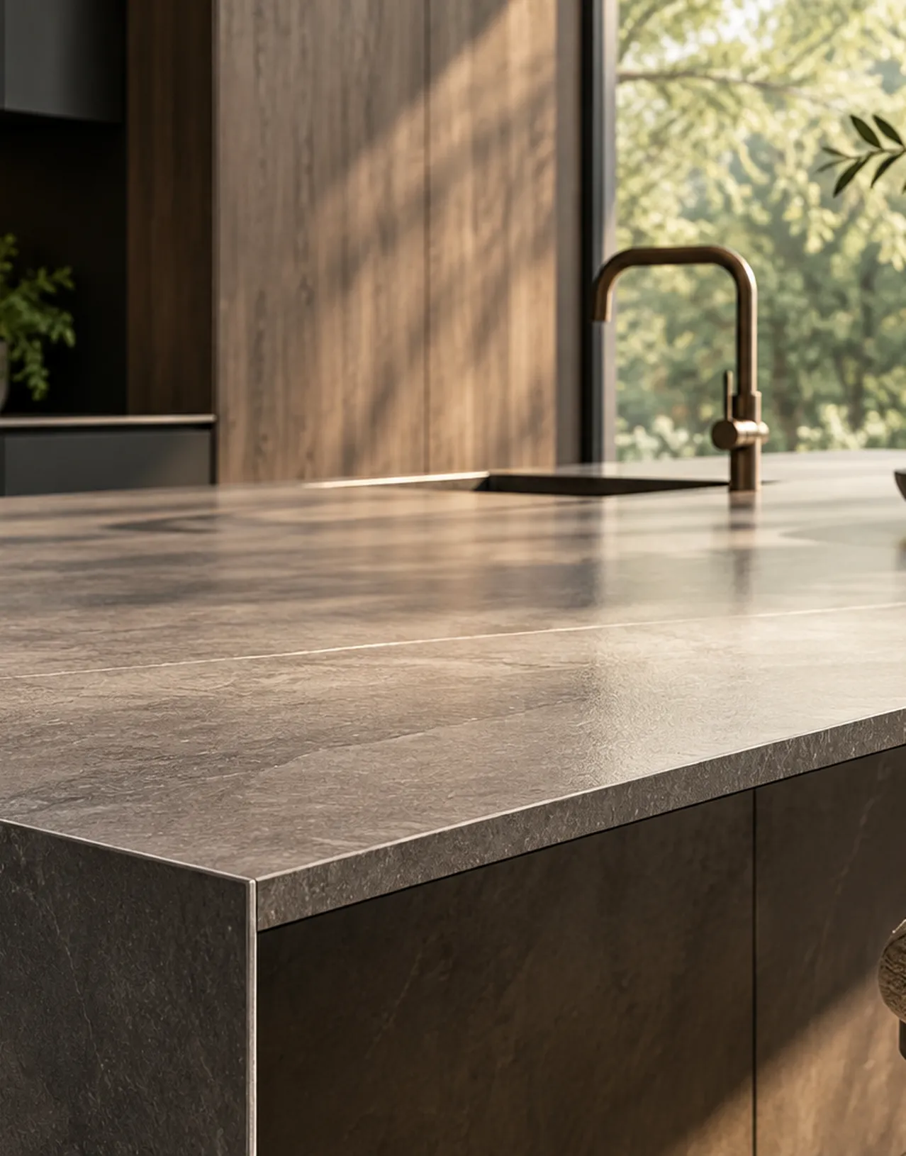 Minimalistische keuken met natuursteen en groen