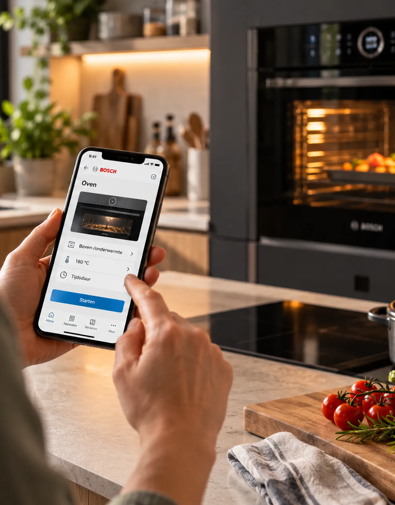 Slimme ovenbediening in een warme keuken