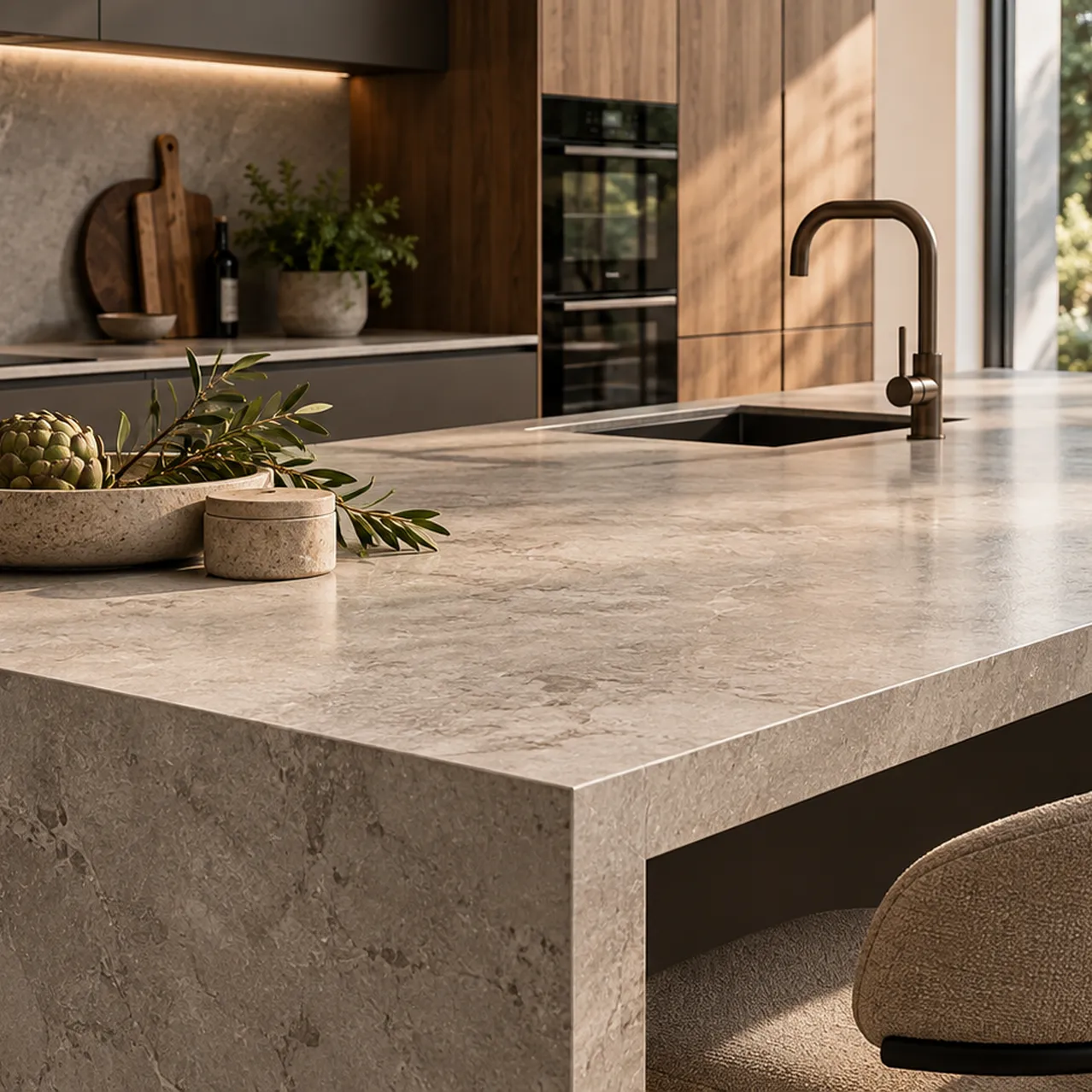 Warmminimalistische keuken met natuursteen eiland