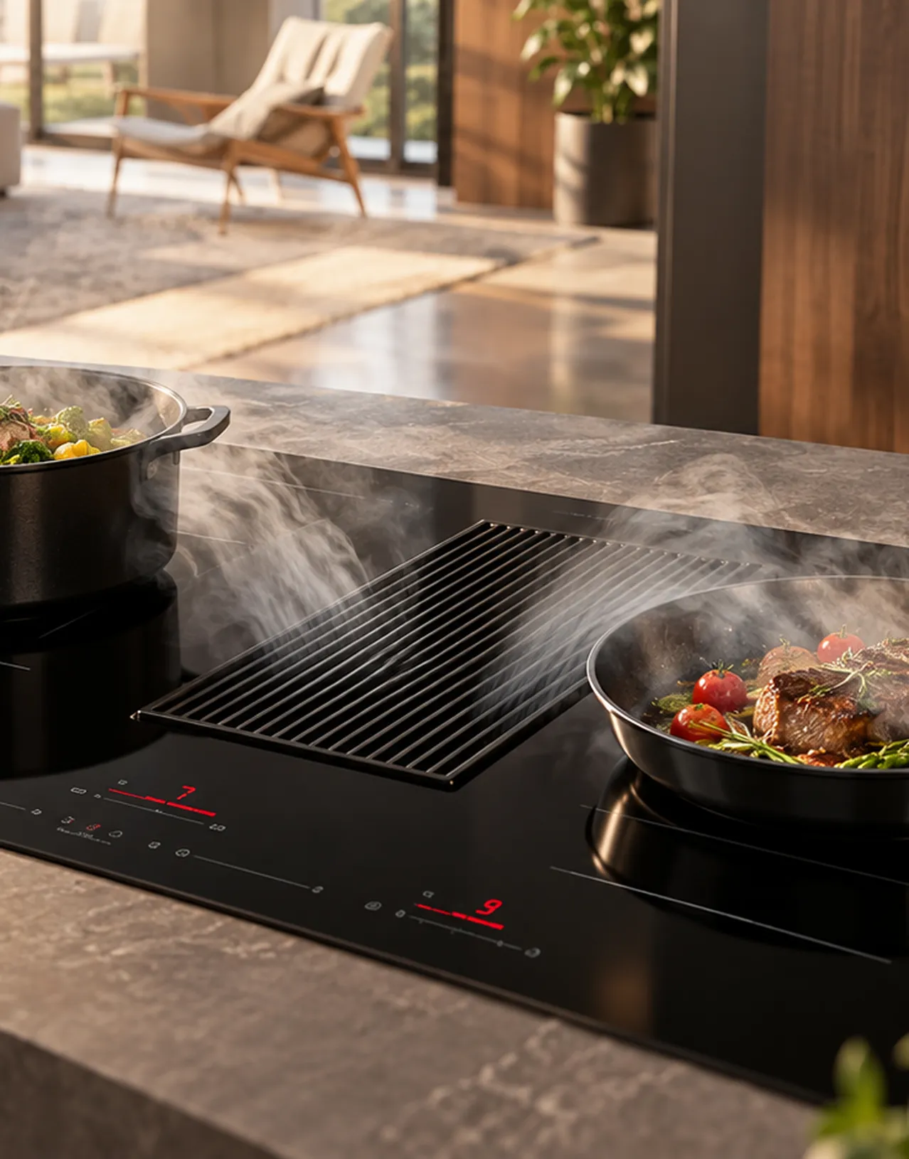 Moderne keuken met dampende gerechten