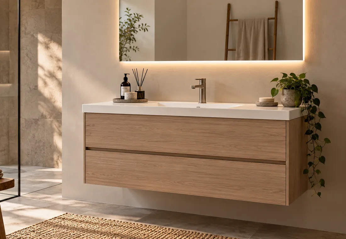 Minimalistische spa badkamer met houten wastafel