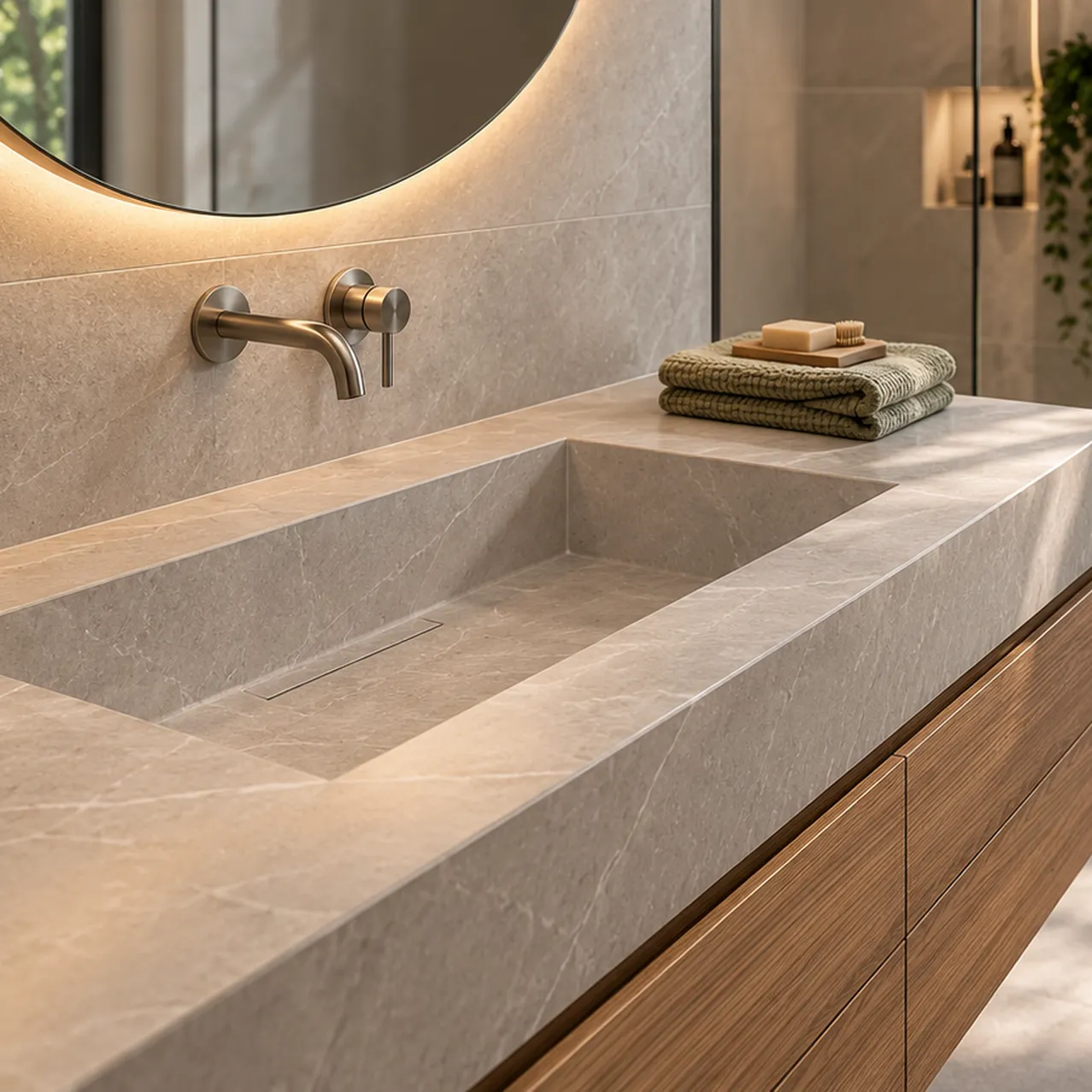 Warme minimalistische spa badkamer