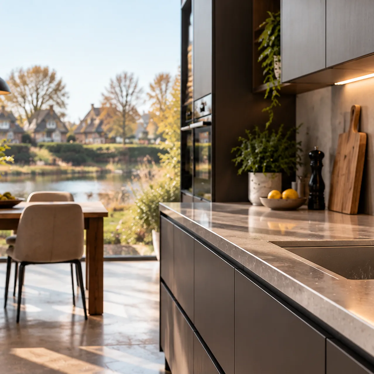 Moderne keuken met uitzicht op het water