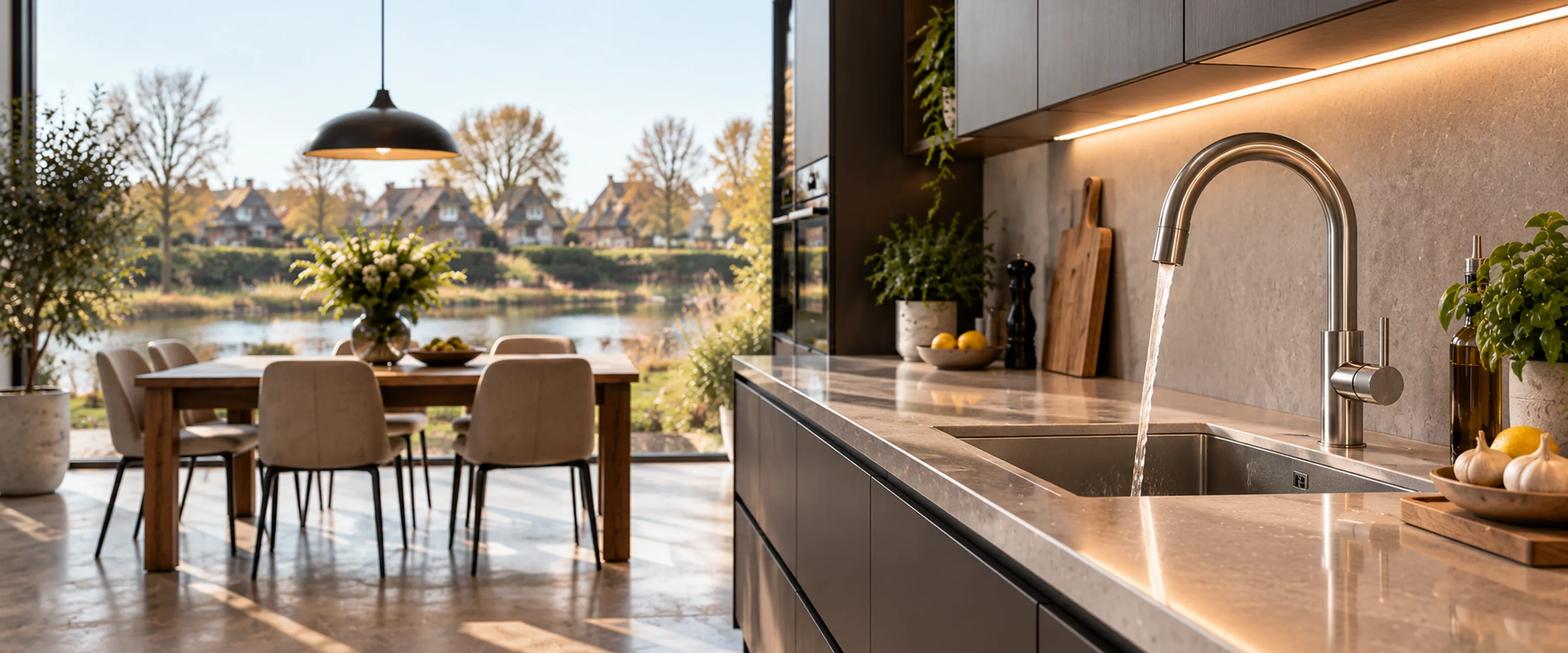 Moderne keuken met uitzicht op het water