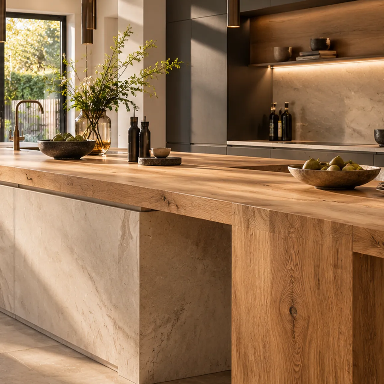 Luxe houten keuken met tuinzicht