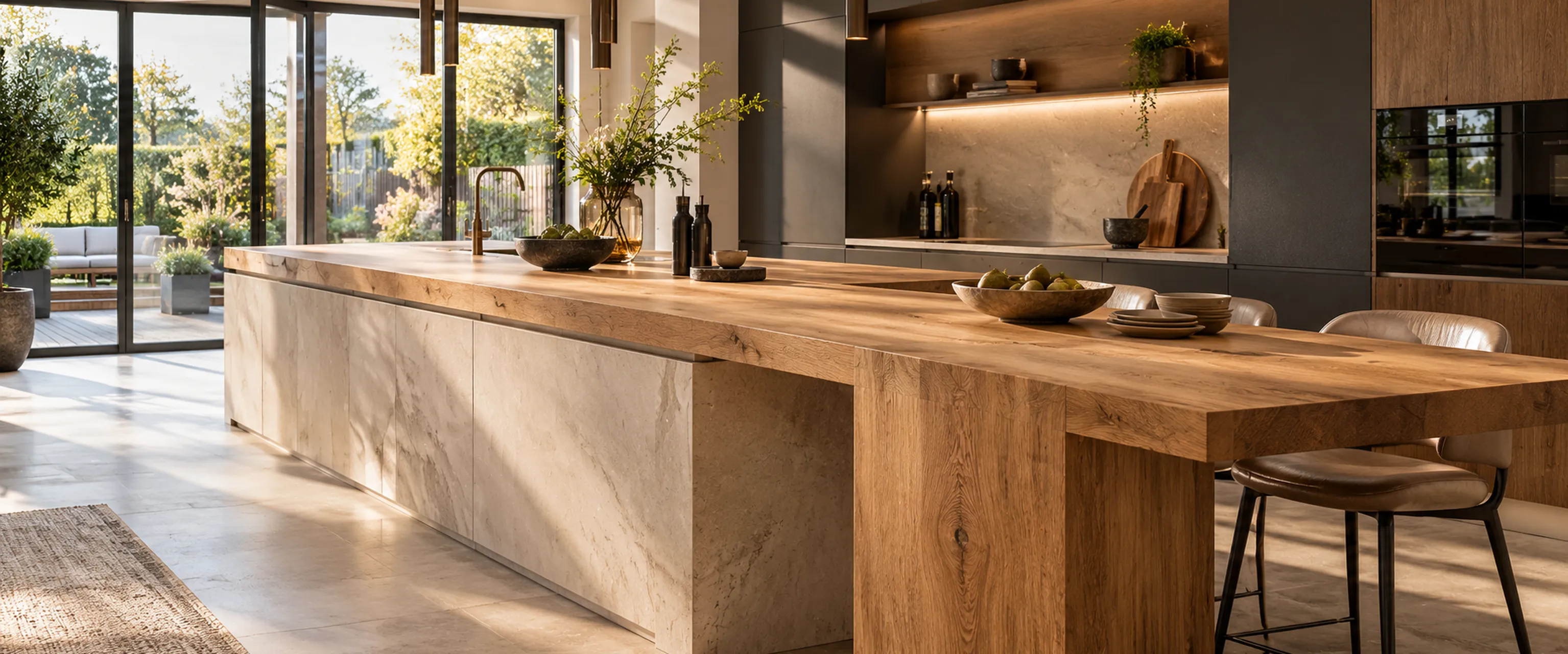 Luxe houten keuken met tuinzicht