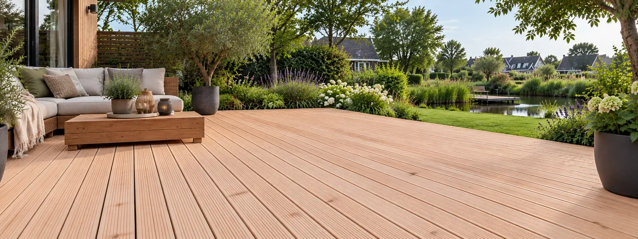 Moderne houten terrastuin aan het water