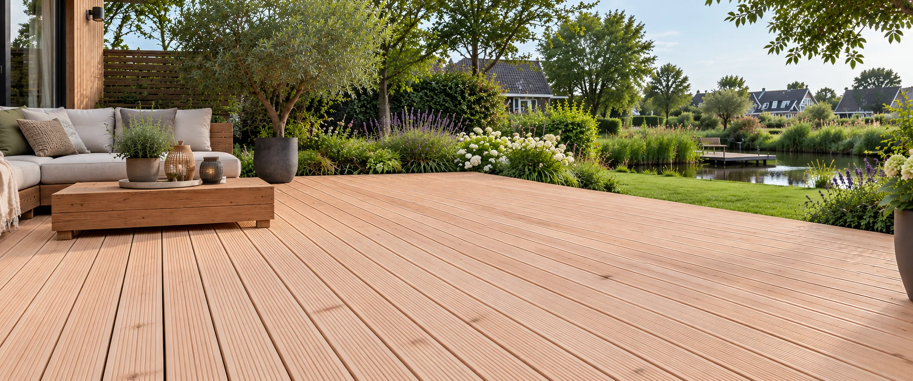 Moderne houten terrastuin aan het water